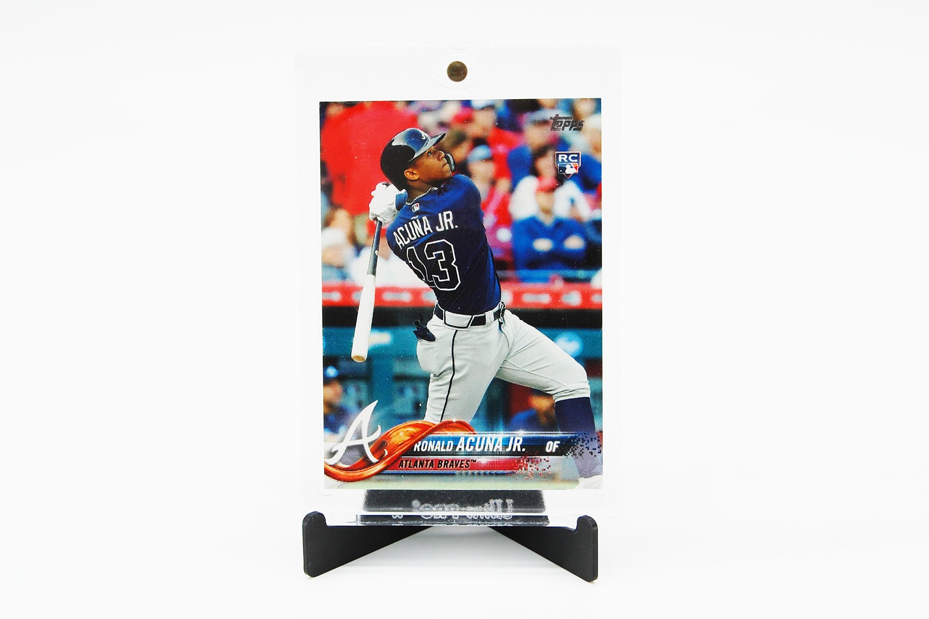 2018 Topps Series 2 #698 Ronald Acuna Jr. Braves RC Rookie Bat Down SP on Enjoy Your Cards Aluminum Card Stand (black) 
